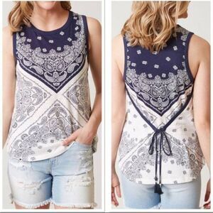 Lucky Brand Paisley Navy Blue White Tie Back Bandana Tank Top Cotton Blend